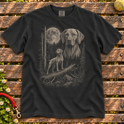 Vizsla Moonlit Forest design on a Black T-shirt shown flat