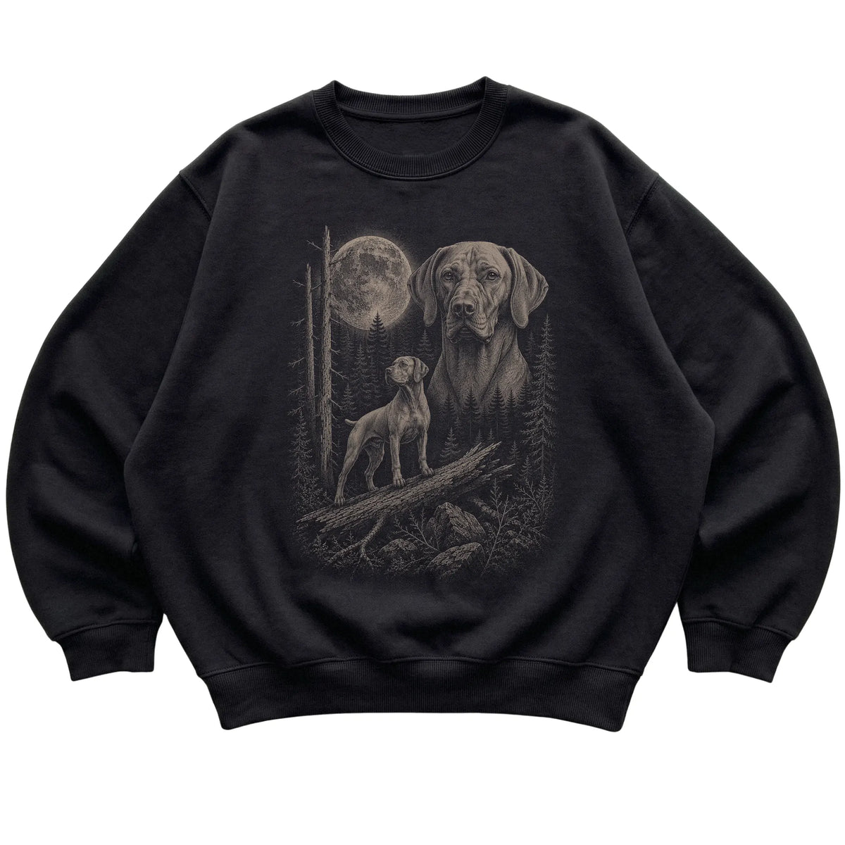 Vizsla Moonlit Forest graphic on a black crewneck sweatshirt laid flat