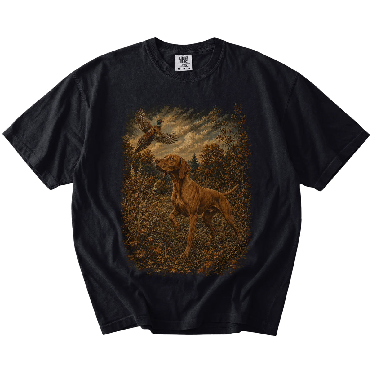 Black Vizsla Pheasant Hunting T-Shirt laid flat