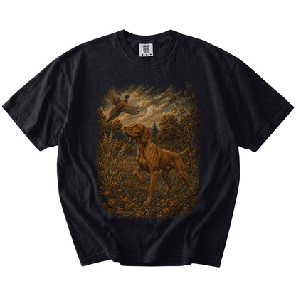 Black Vizsla Pheasant Hunting T-Shirt laid flat