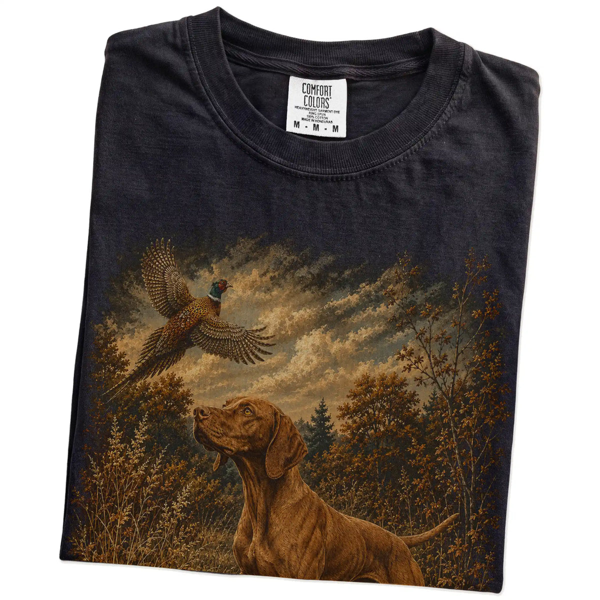 Folded Black Vizsla Pheasant Hunting T-Shirt showing the graphic