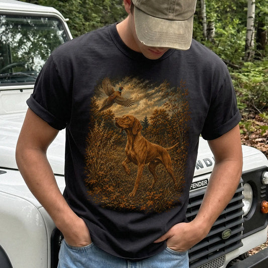 Man wearing a Black Vizsla Pheasant Hunting T-Shirt