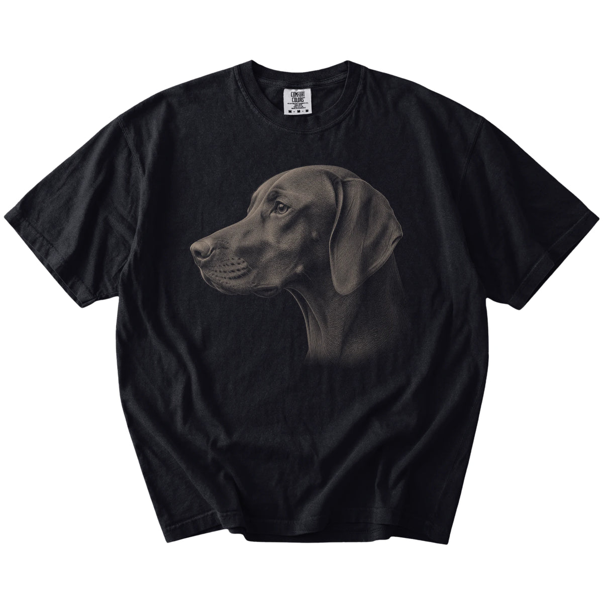 A detailed photographic portrait of a Vizsla on a Black Comfort Colors® T-shirt