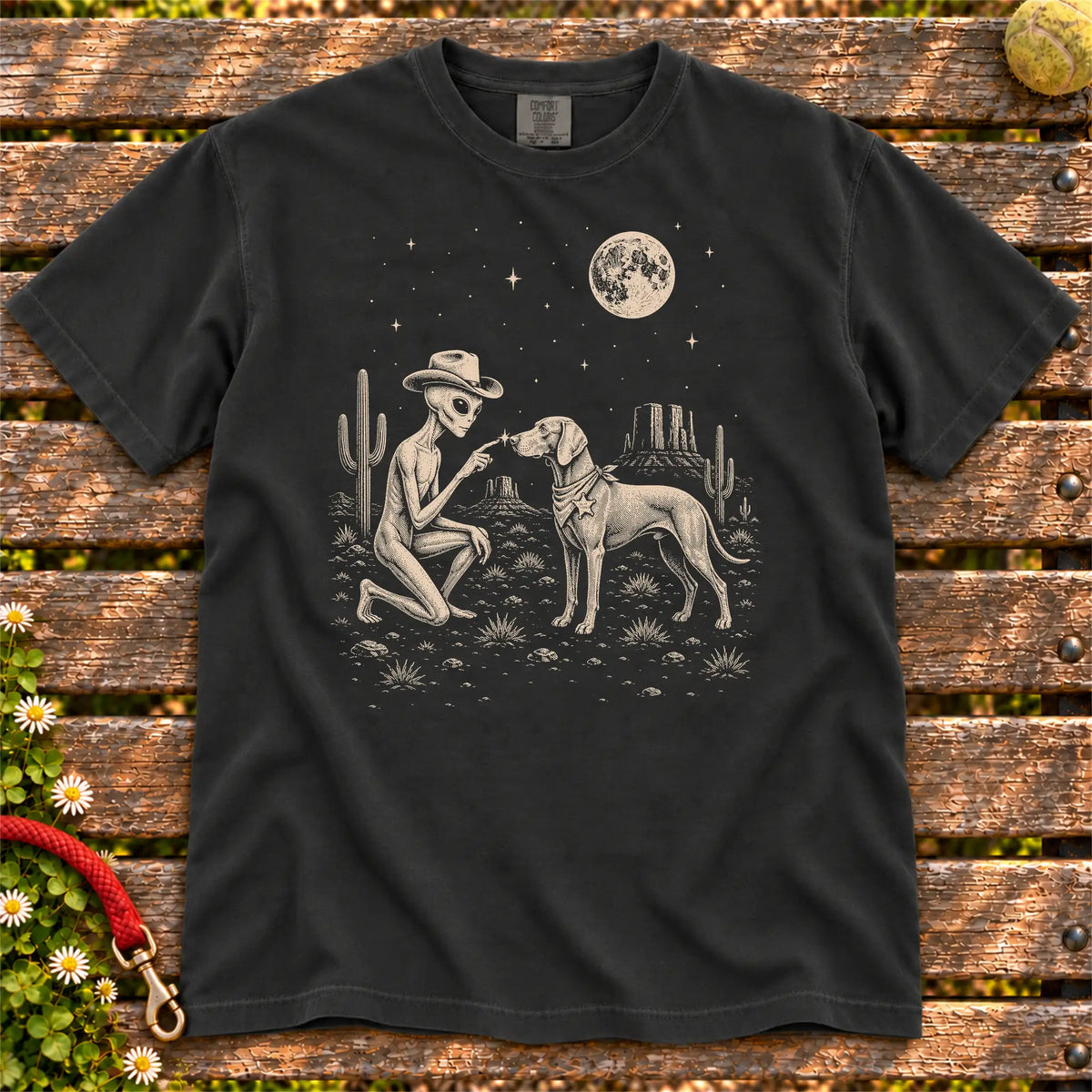Weimaraner Cowboy and Alien on a Black T-shirt, shown flat