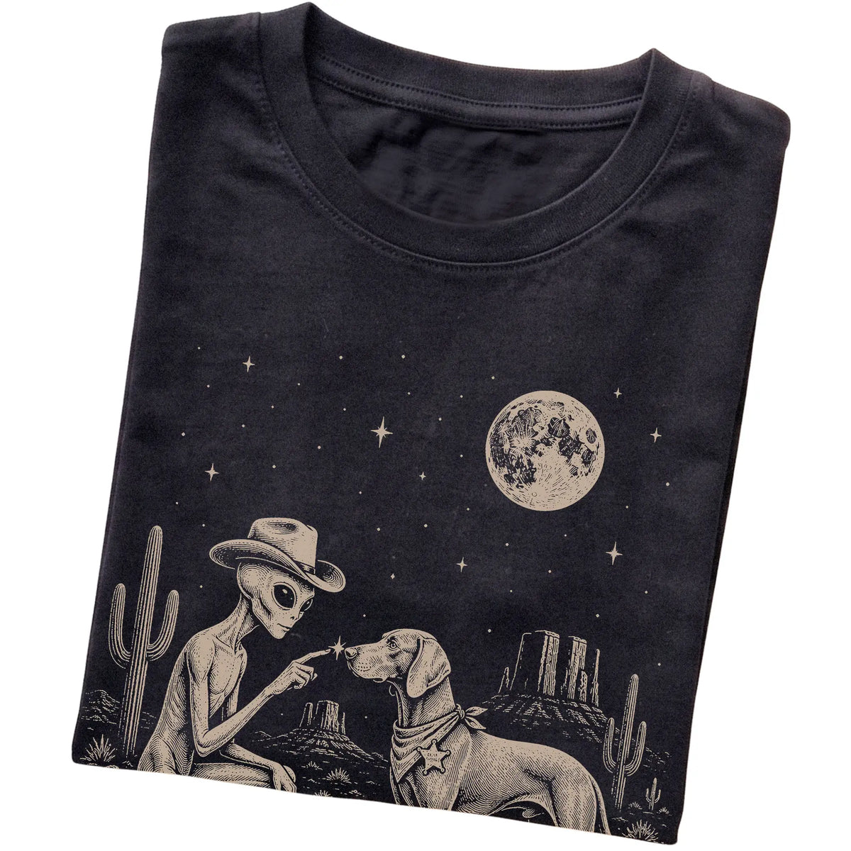Black T-shirt featuring Weimaraner Cowboy and Alien, folded presentation