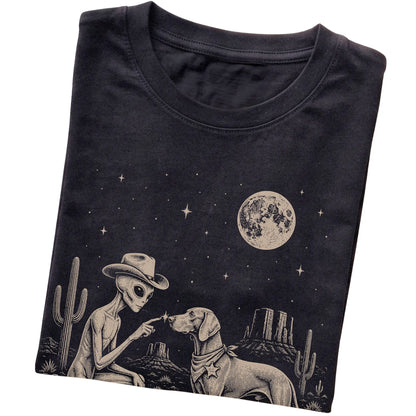 Black T-shirt featuring Weimaraner Cowboy and Alien, folded presentation
