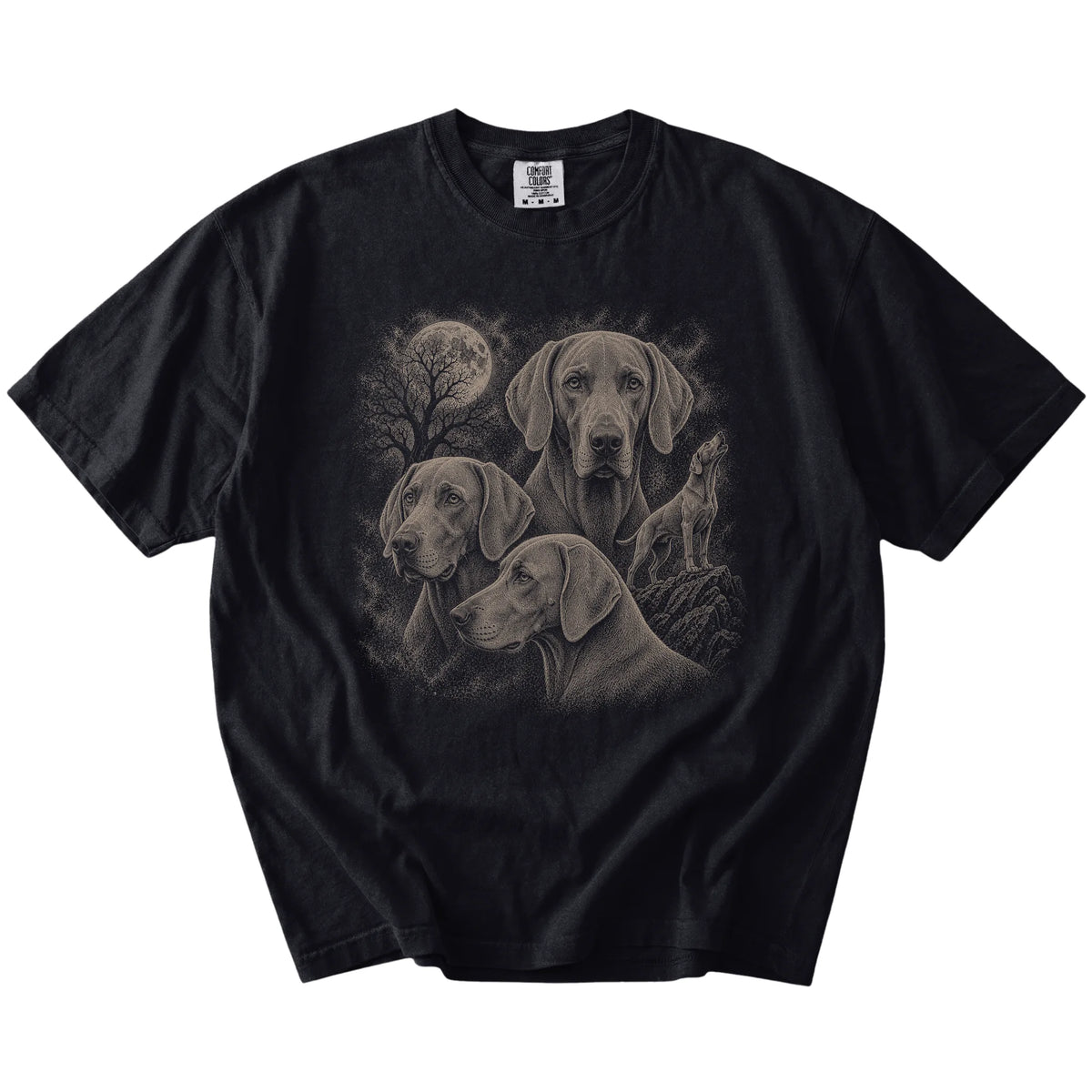 Vintage moon montage featuring Weimaraner on a Black Comfort Colors® T-shirt