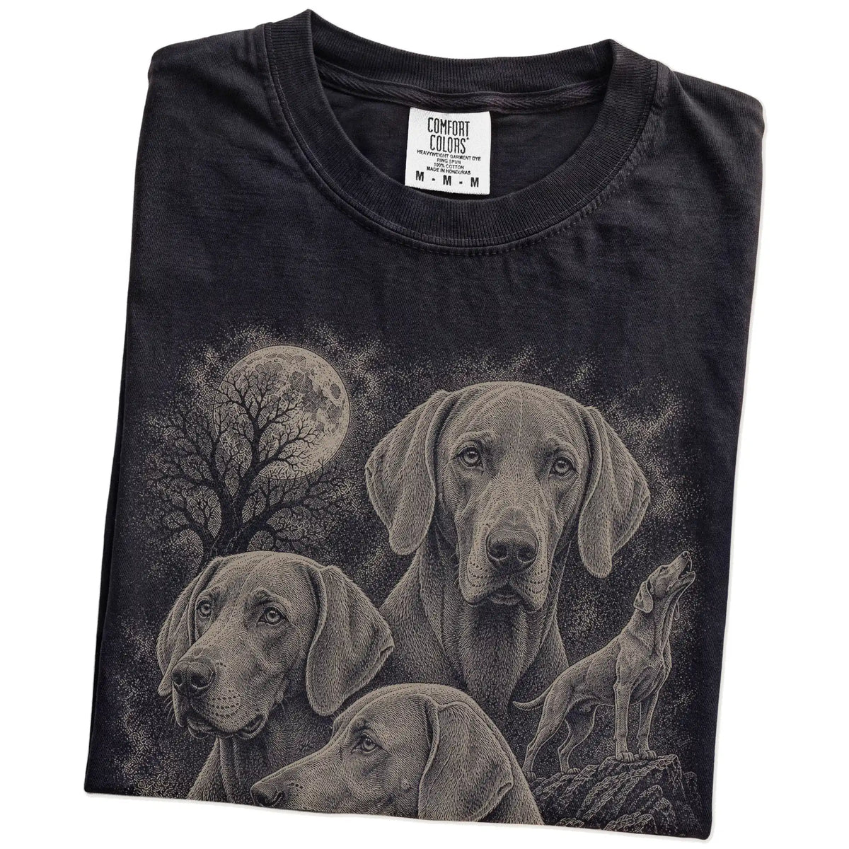 Folded Black Comfort Colors® T-shirt showing a vintage moon montage featuring Weimaraner