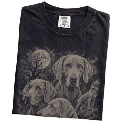 Folded Black Comfort Colors® T-shirt showing a vintage moon montage featuring Weimaraner