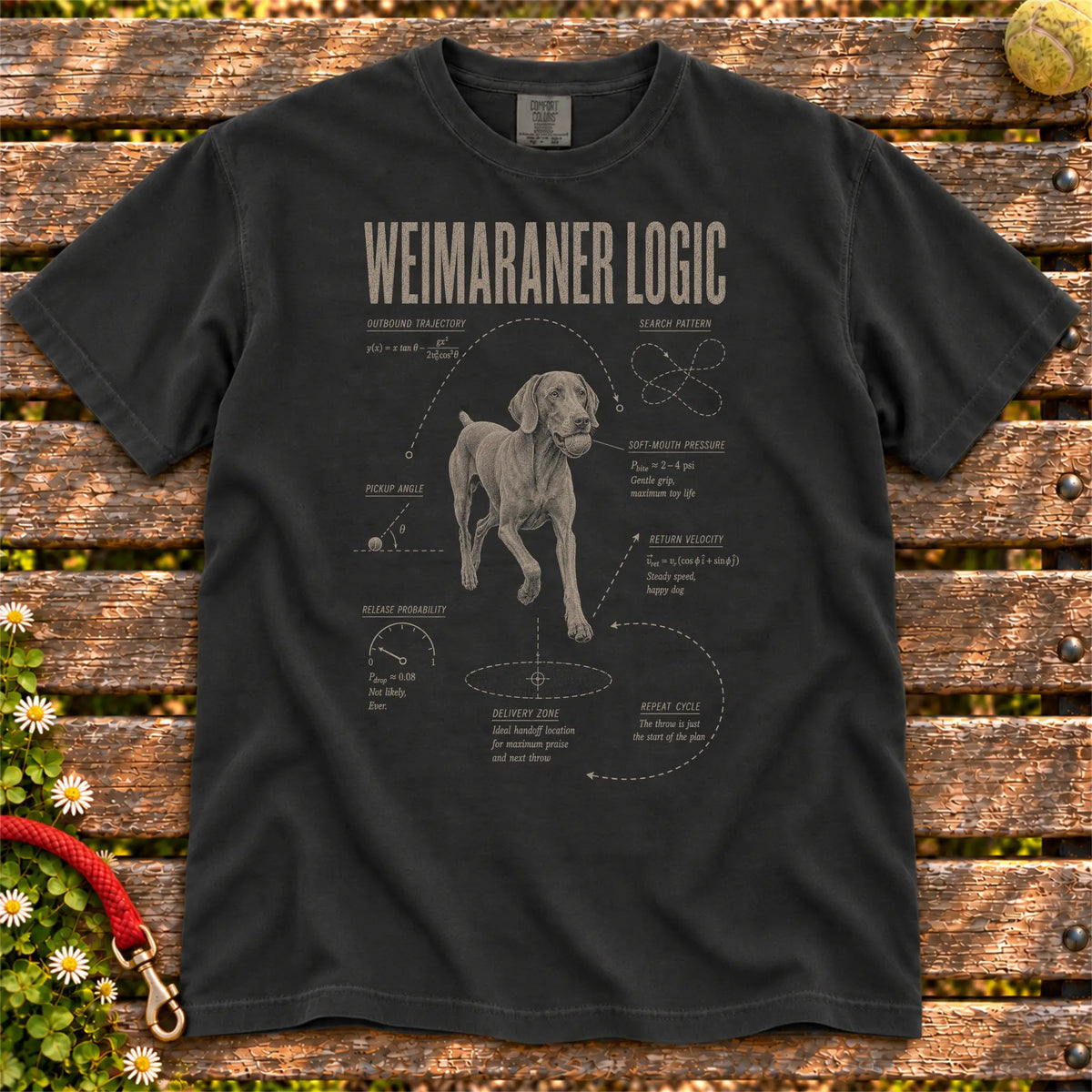 Weimaraner Ball Logic design on a Black Comfort Colors T-shirt, shown flat