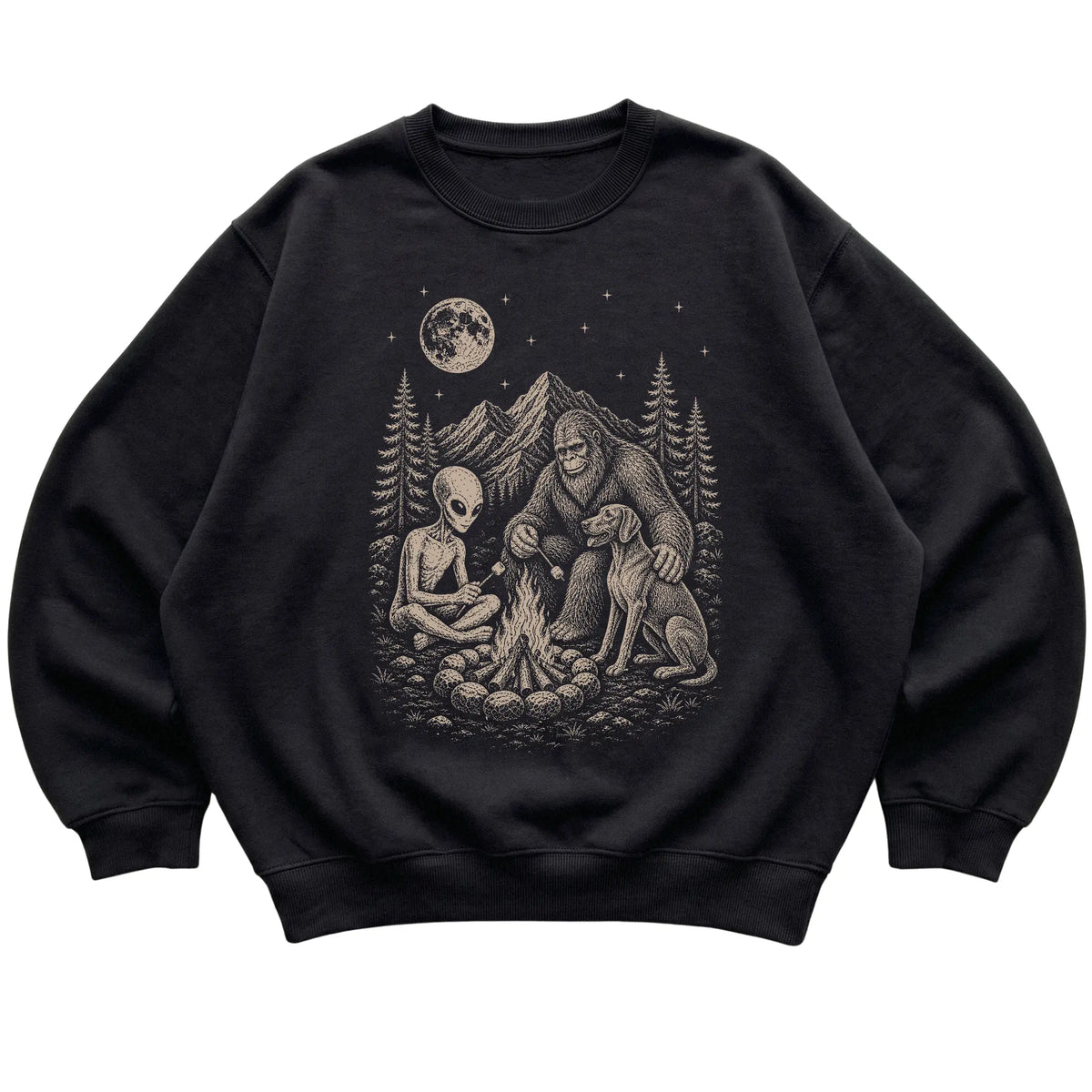 Black Weimaraner Camping with Bigfoot and Alien shirt laid flat