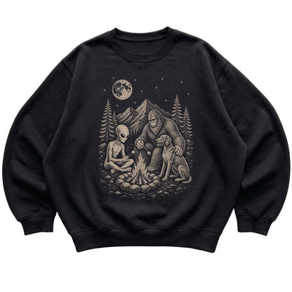 Black Weimaraner Camping with Bigfoot and Alien shirt laid flat