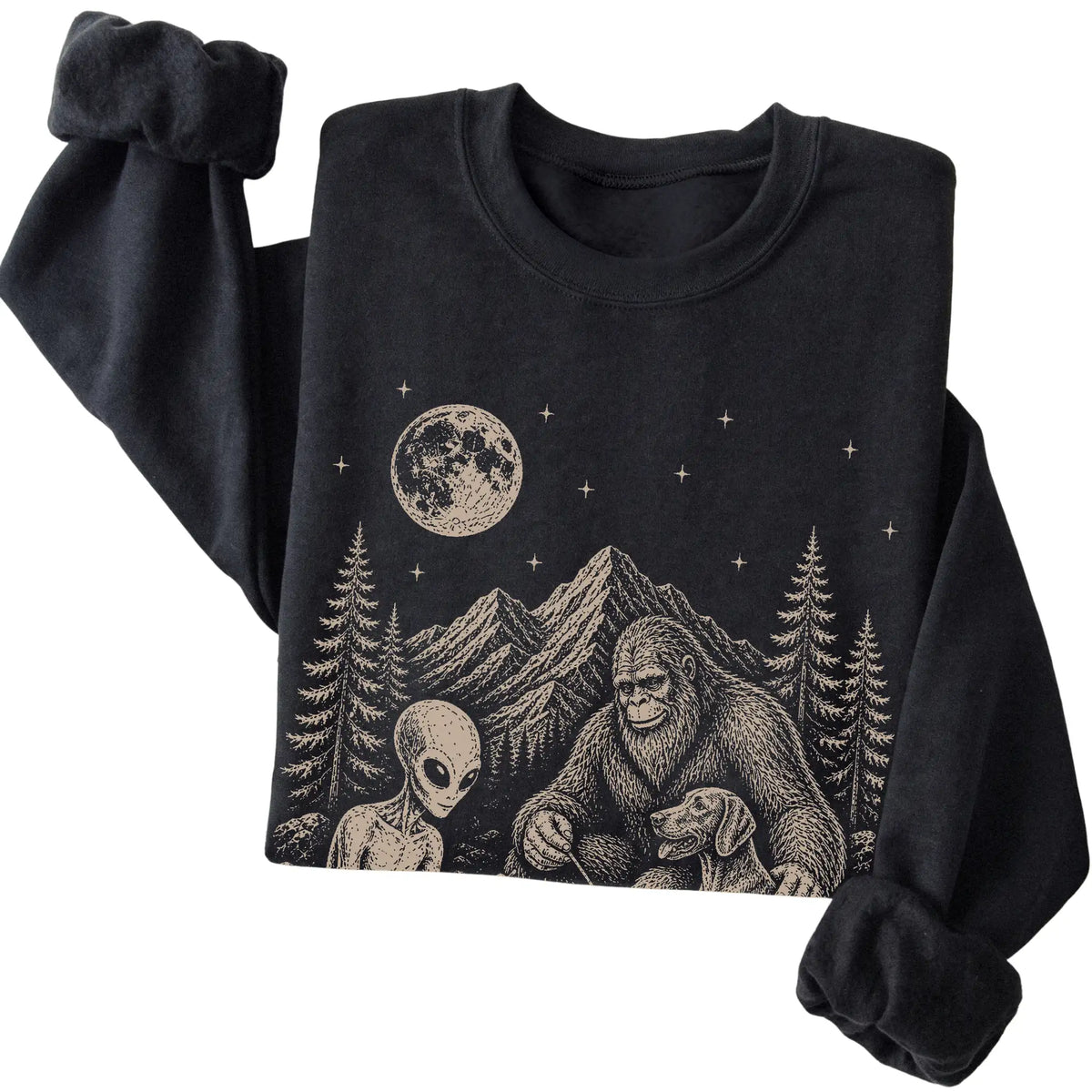 Black Weimaraner Camping with Bigfoot and Alien folded detail view