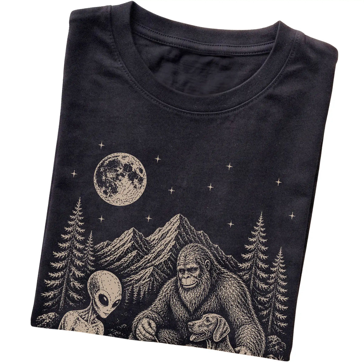 Black Weimaraner Camping with Bigfoot and Alien folded detail view