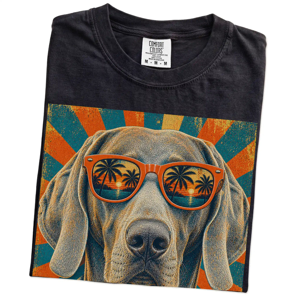 Retro Weimaraner Dad design on a Black Comfort Colors T-shirt folded detail