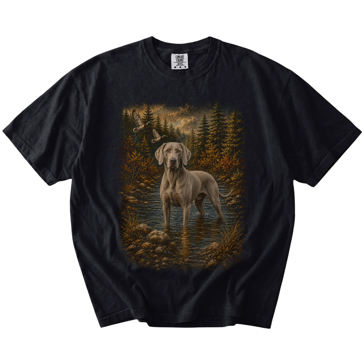 Black Weimaraner Duck Hunting T-Shirt laid flat