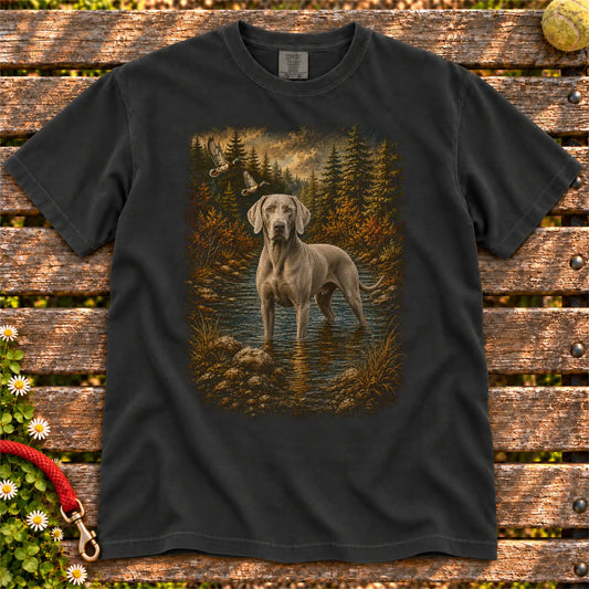 Weimaraner Duck Hunting on a Black T-shirt, shown flat