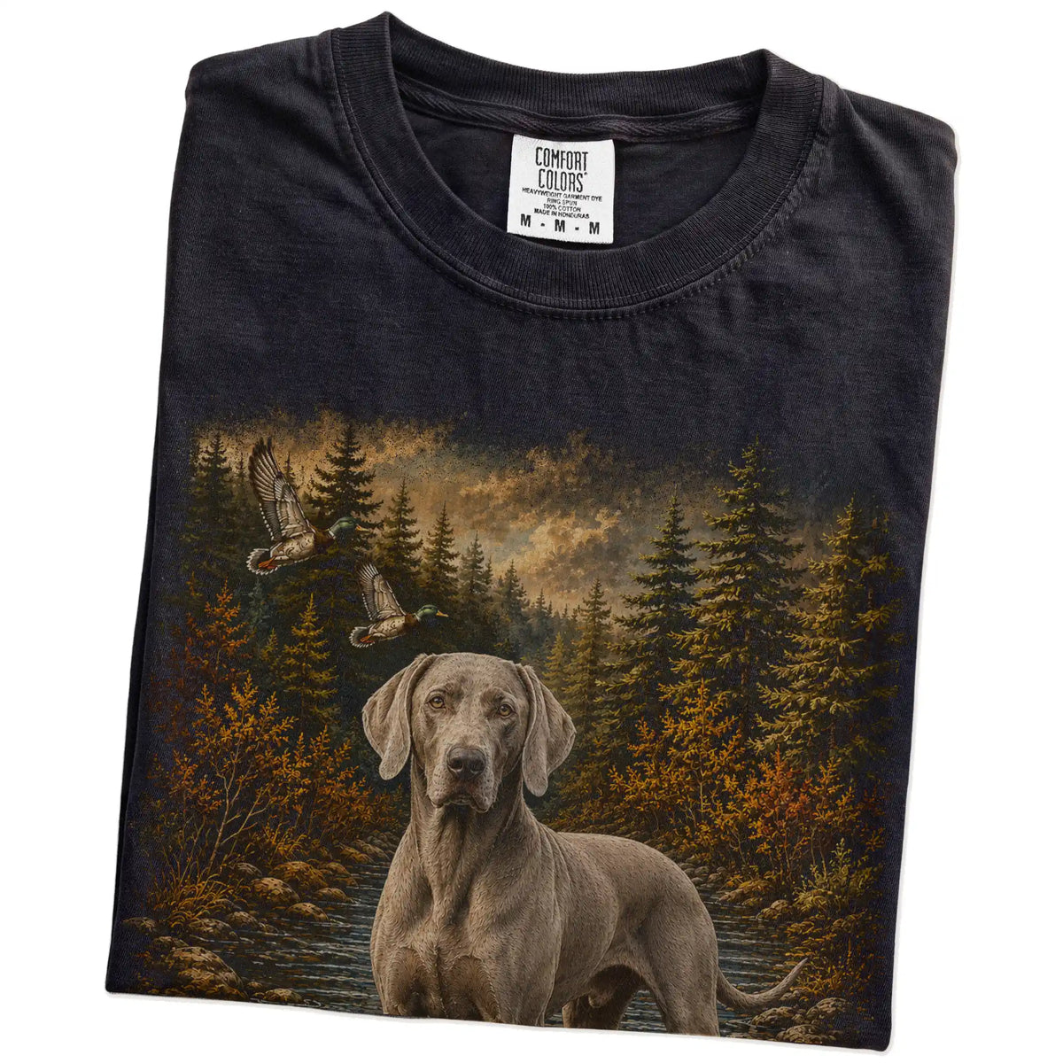 Folded Black Weimaraner Duck Hunting T-Shirt showing the graphic