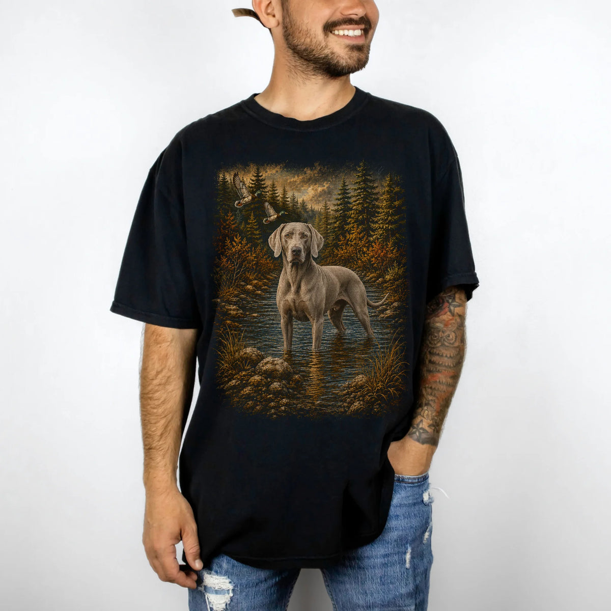 Man wearing a Black Weimaraner Duck Hunting T-Shirt