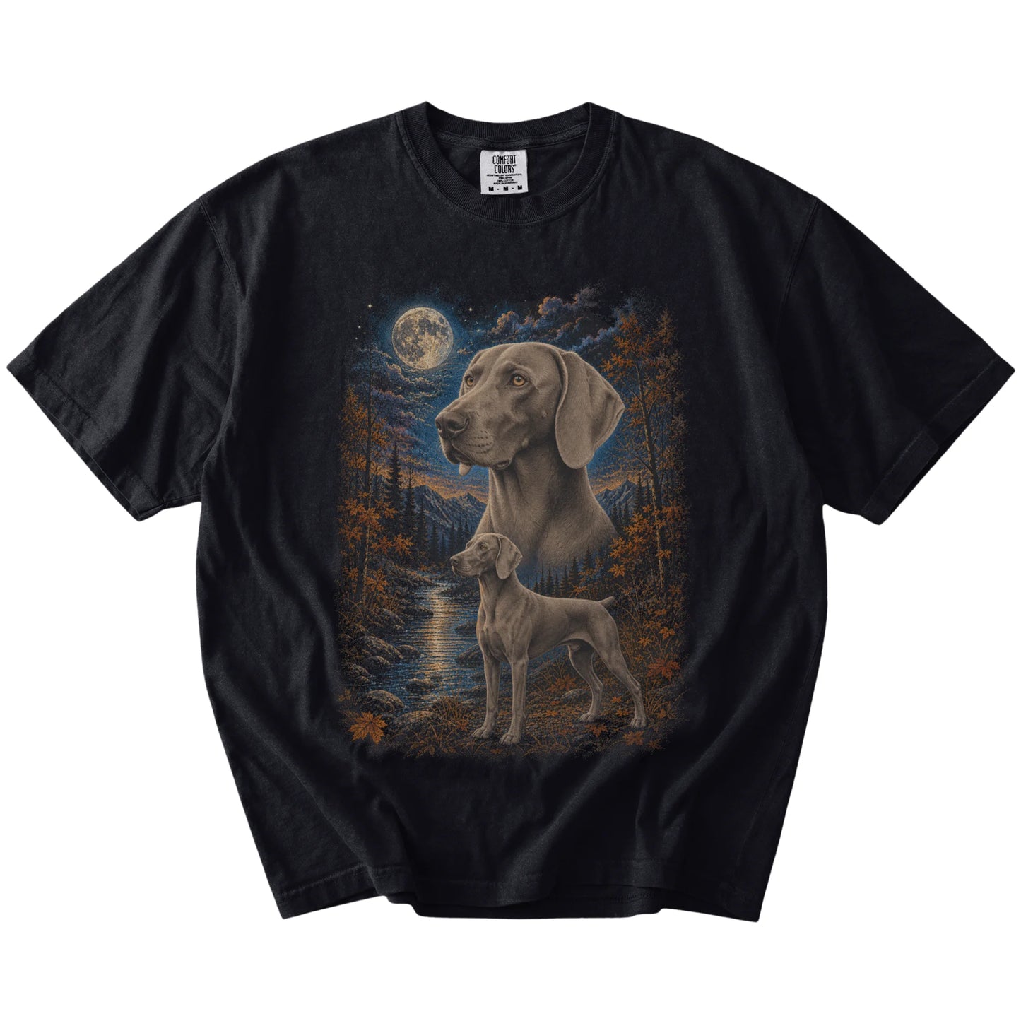 Weimaraner in a moonlit fall forest scene on a Black Comfort Colors® t-shirt