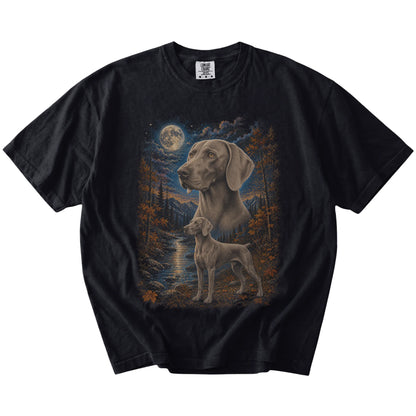 Weimaraner in a moonlit fall forest scene on a Black Comfort Colors® t-shirt