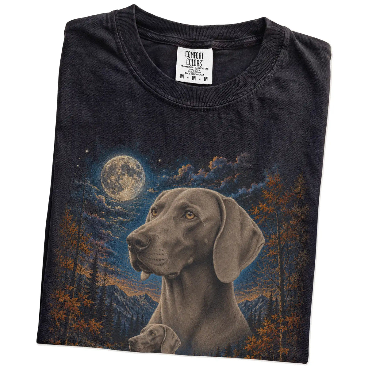 Folded Black Comfort Colors® t-shirt showing Weimaraner in a fall forest graphic