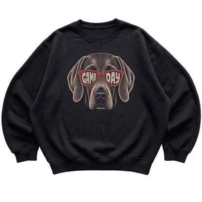 Weimaraner Game Day design on a Black sweatshirt, flat lay
