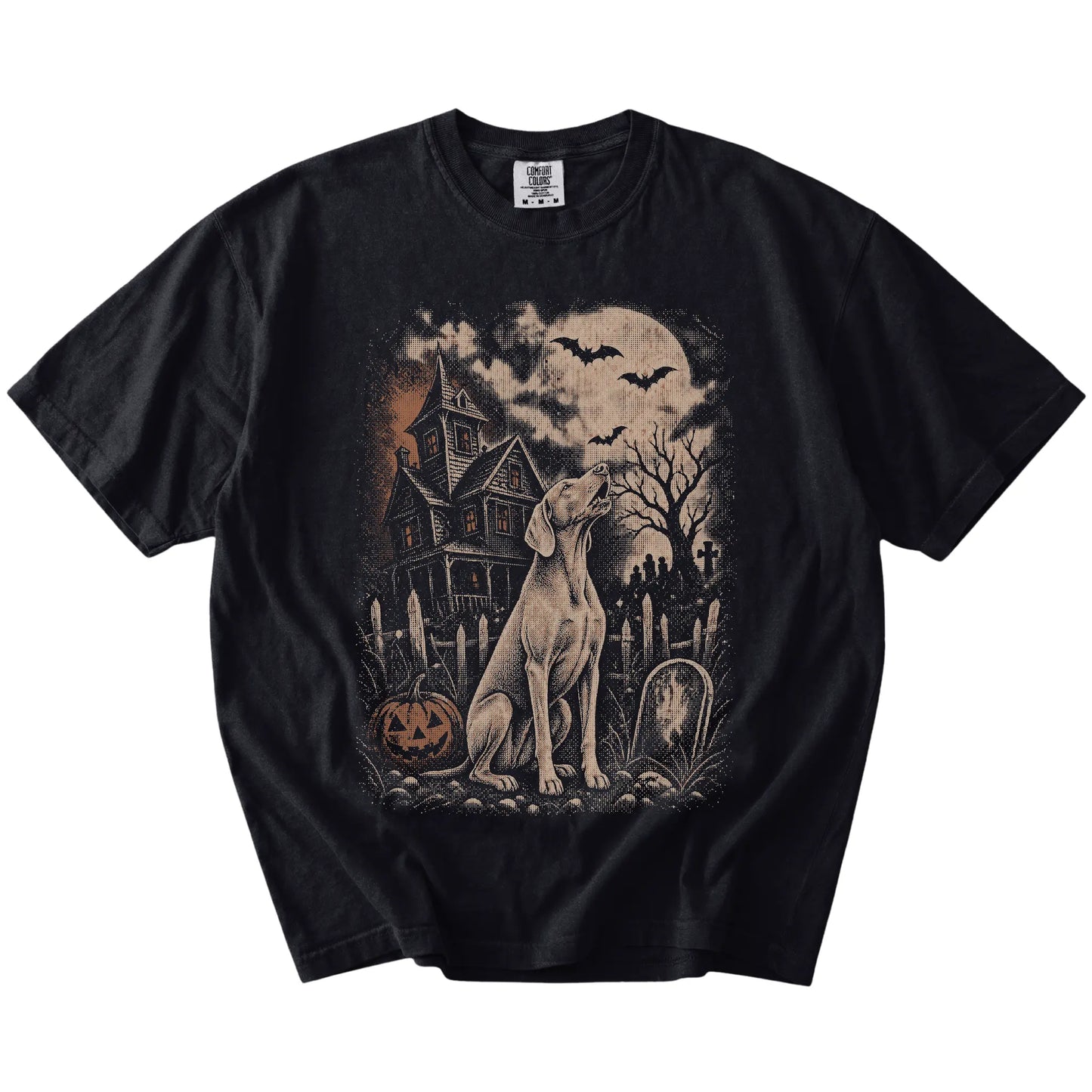 Weimaraner in a vintage haunted-house scene on a Black Comfort Colors® T-shirt