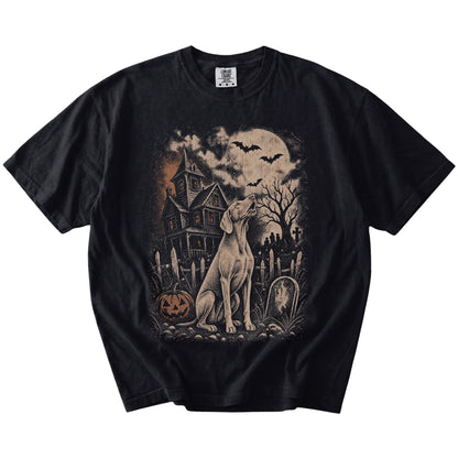 Weimaraner in a vintage haunted-house scene on a Black Comfort Colors® T-shirt
