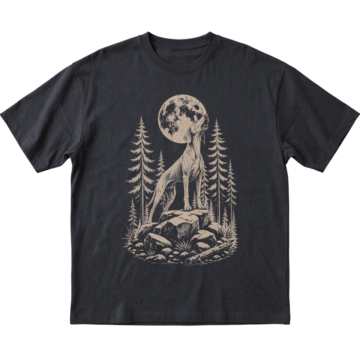 Close view of Weimaraner Howling at the Moon artwork on Black softstyle T-shirt