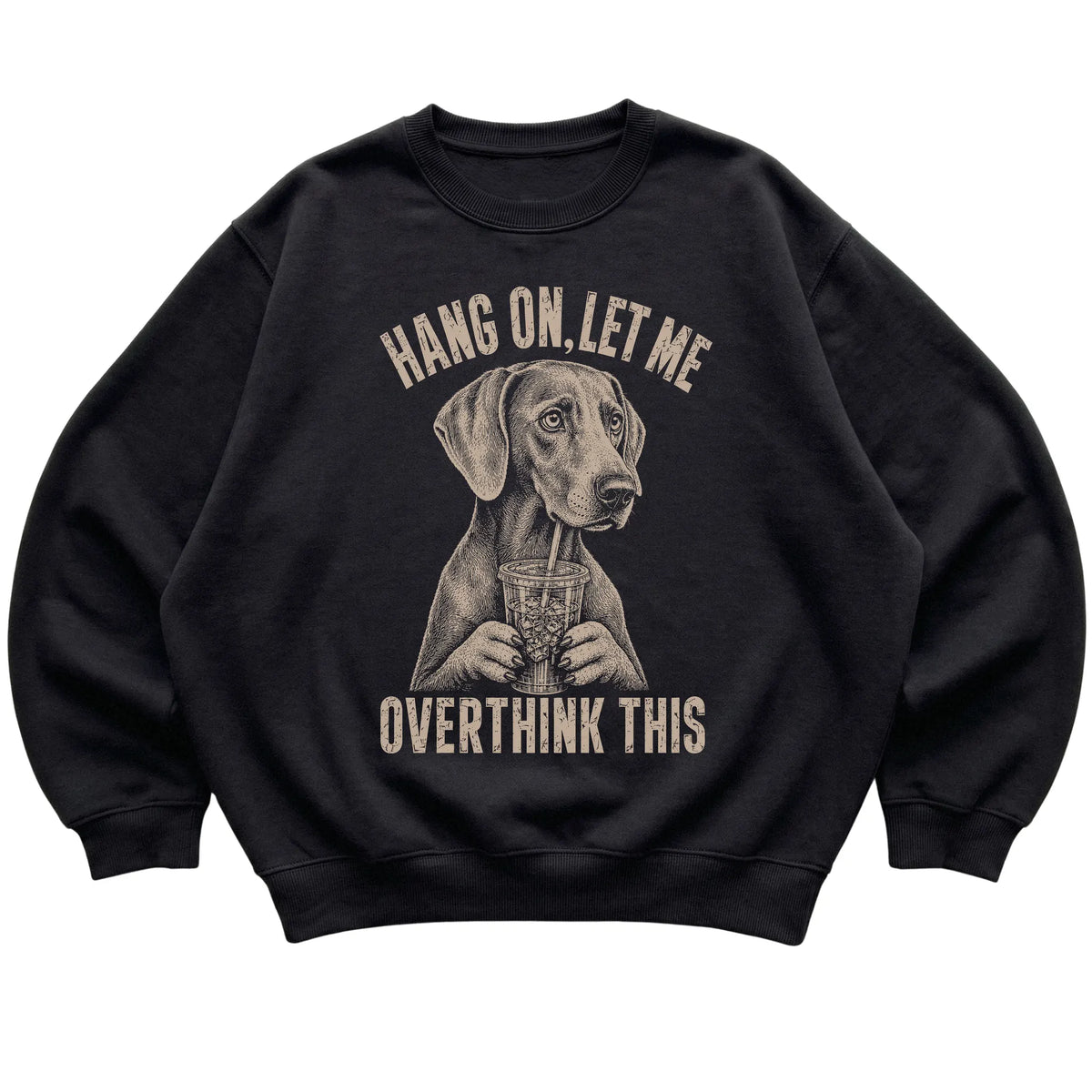 Black crewneck sweatshirt featuring Overthinking Weimaraner, laid-flat presentation