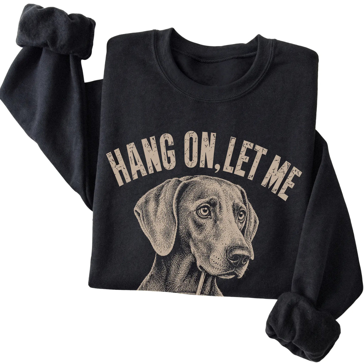 Black crewneck sweatshirt featuring Overthinking Weimaraner, folded presentation