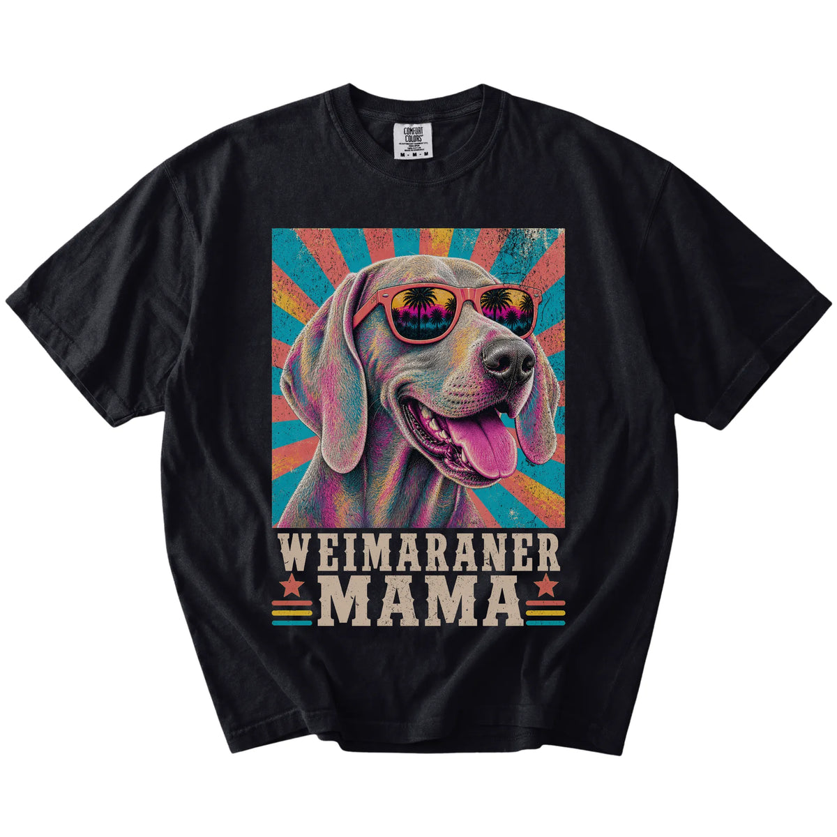 Retro Weimaraner Mama design on a Black Comfort Colors T-shirt