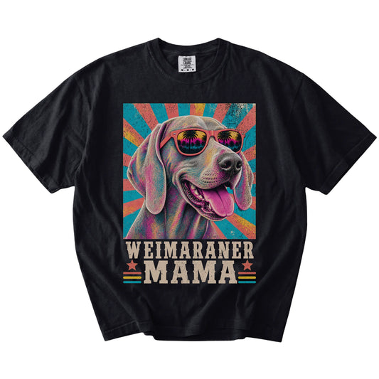 Retro Weimaraner Mama design on a Black Comfort Colors T-shirt