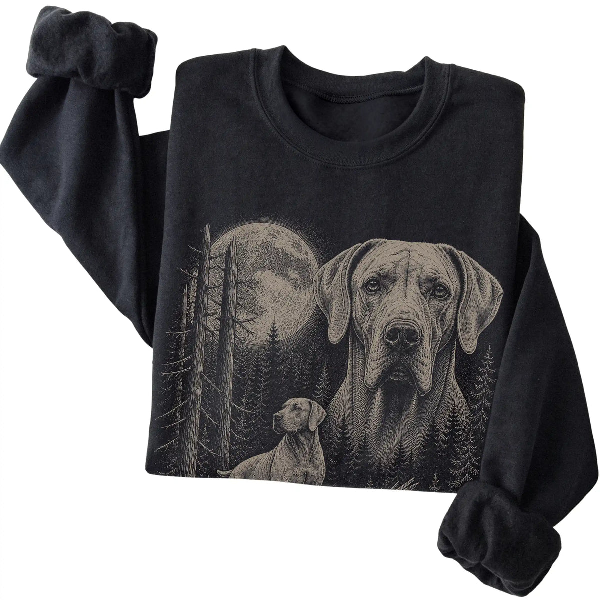 Folded black crewneck sweatshirt showing the Weimaraner Moonlit Forest graphic