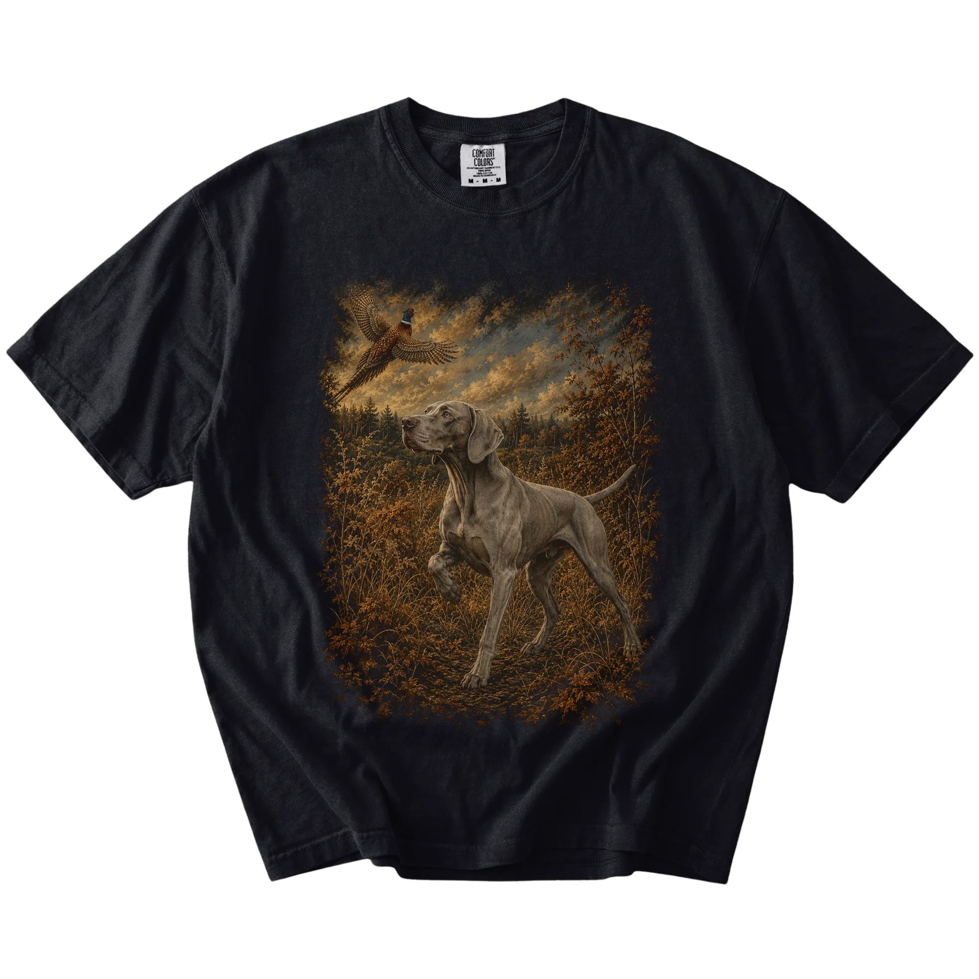 Black Weimaraner Pheasant Hunting T-Shirt laid flat