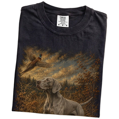 Folded Black Weimaraner Pheasant Hunting T-Shirt showing the graphic