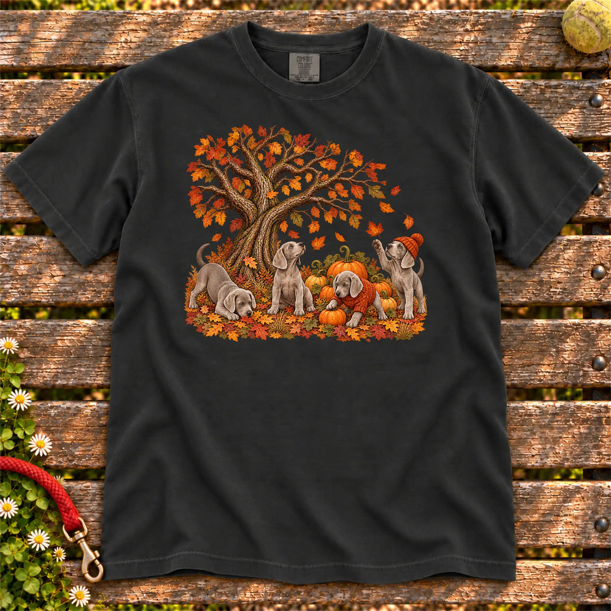 Four Weimaraner puppies with pumpkins beneath an autumn tree on a Black garment-dyed T-shirt