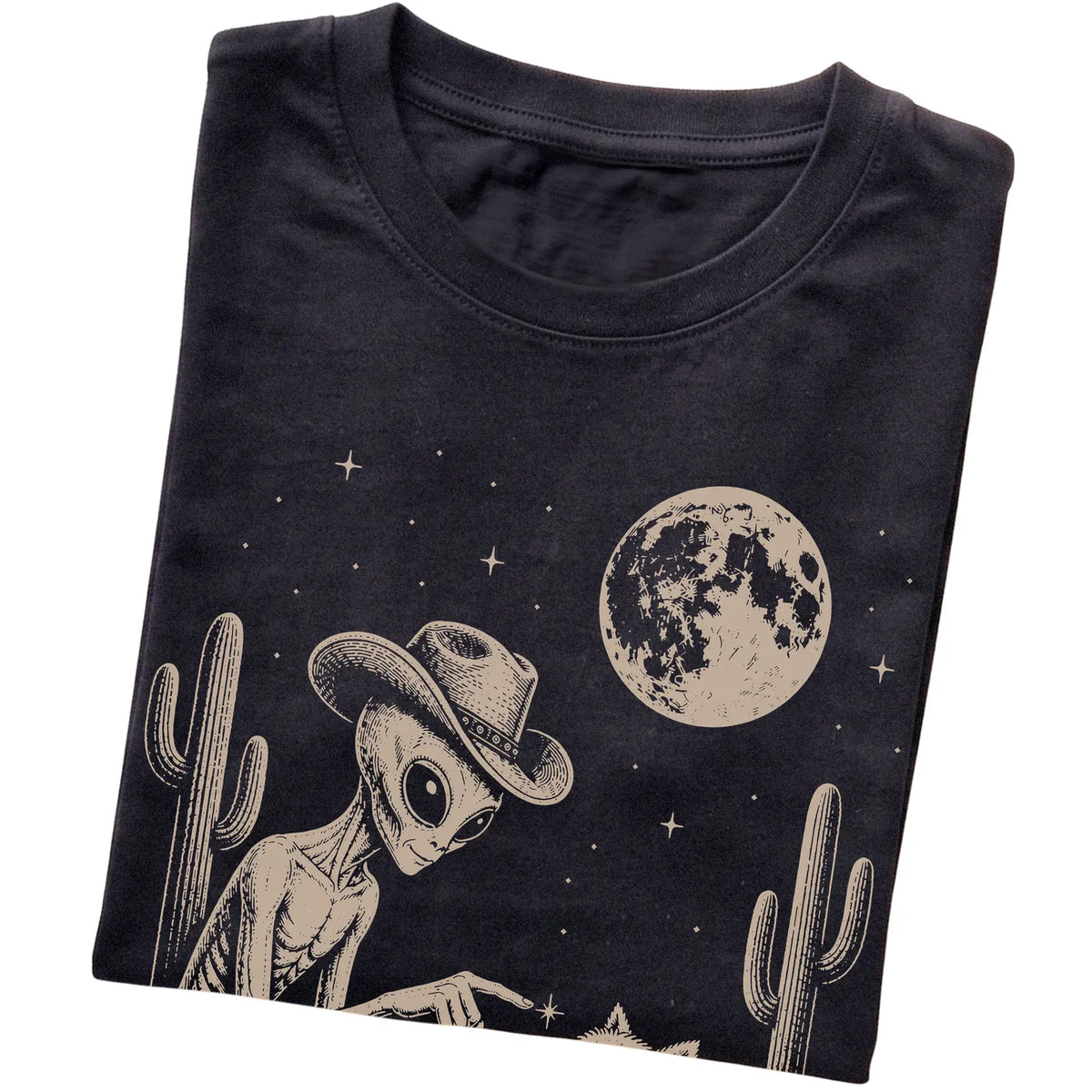 Black T-shirt featuring Westie Cowboy and Alien, folded presentation