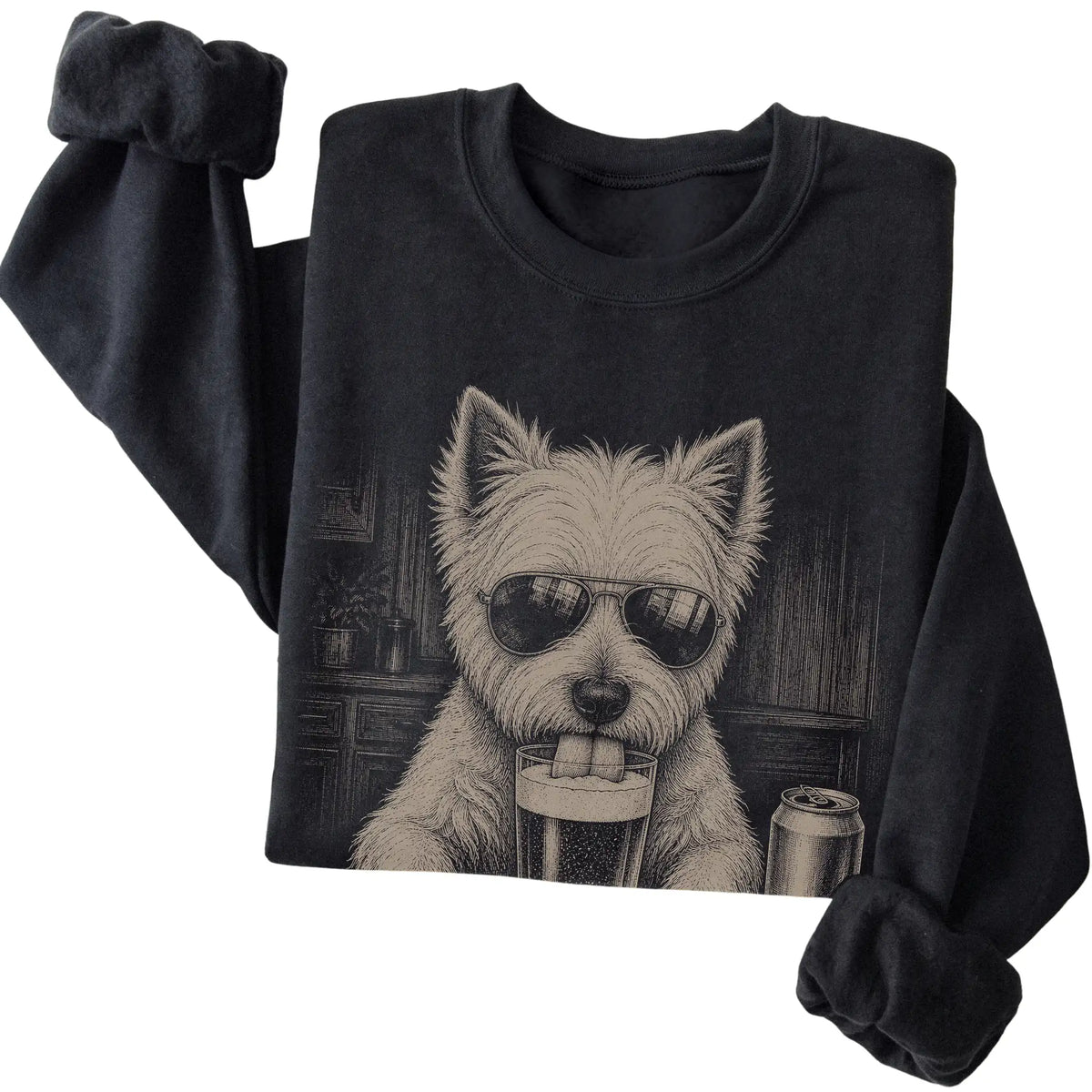 Black Westie drinking from a pint at a bar, folded detail view