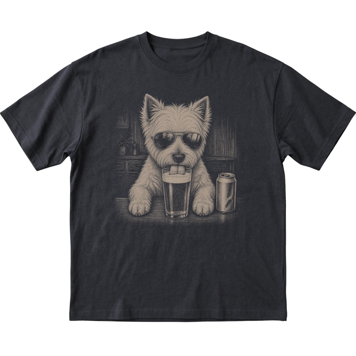 Black Westie drinking from a pint at a bar, laid flat