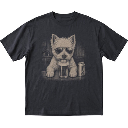 Black Westie drinking from a pint at a bar, laid flat