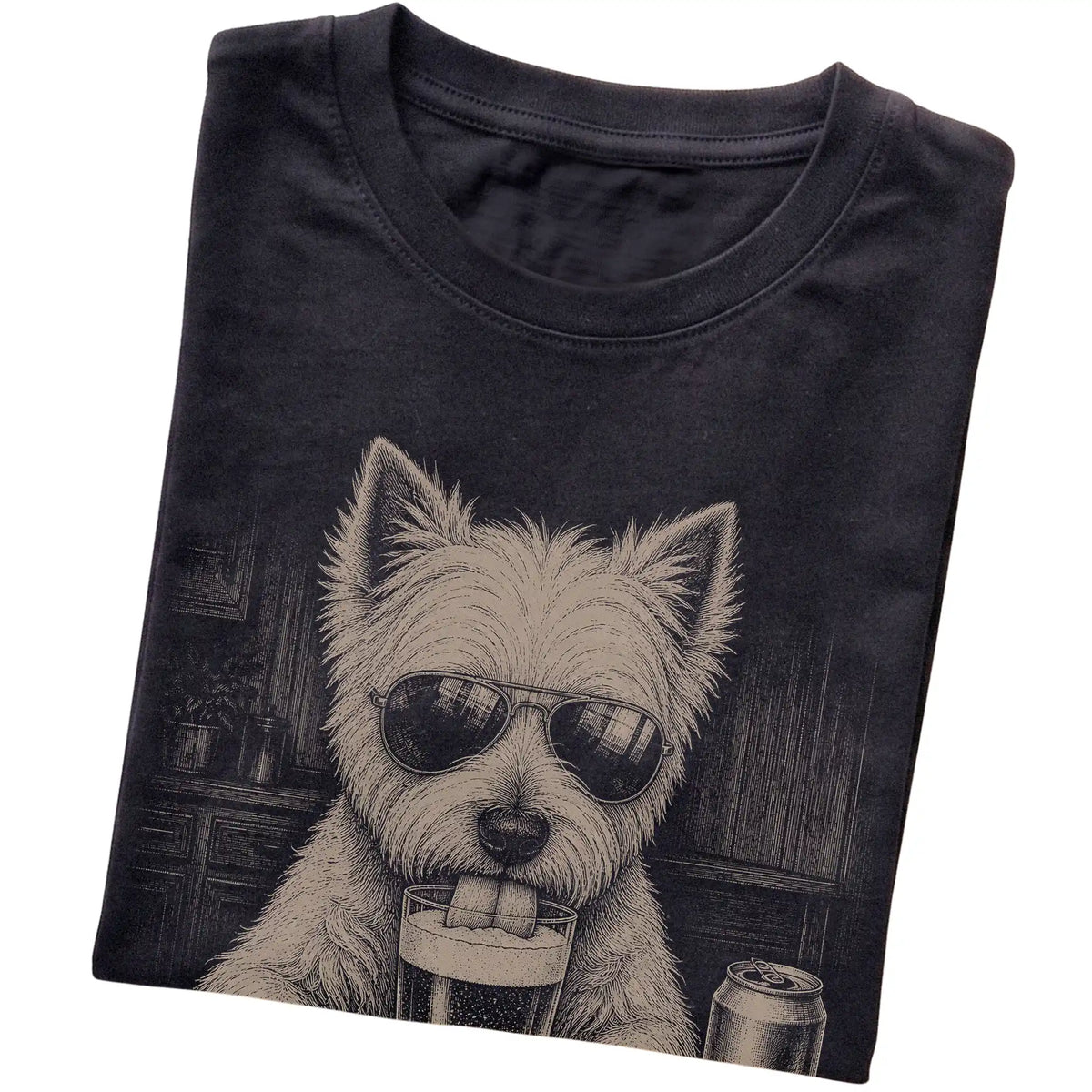 Black Westie drinking from a pint at a bar, folded detail view