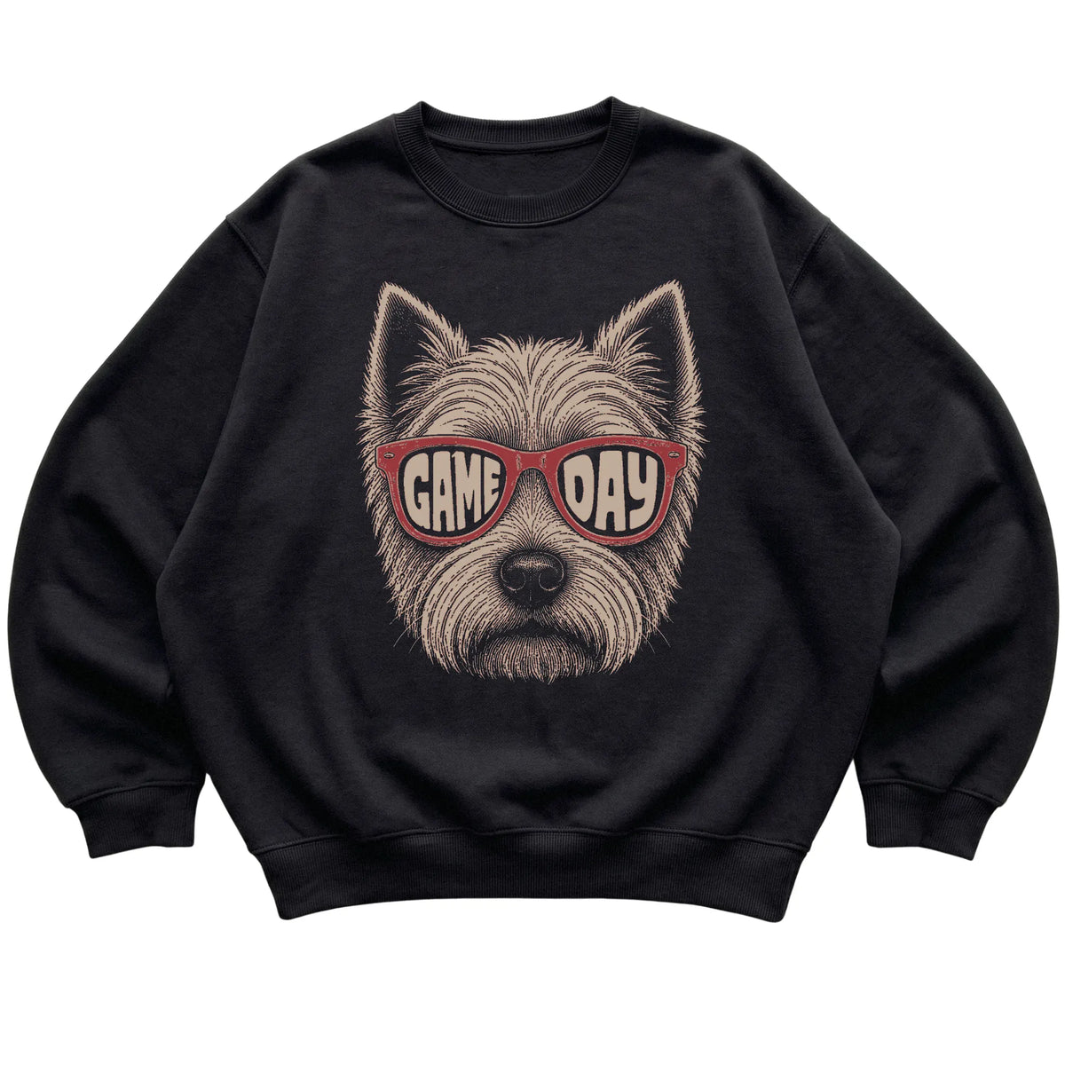Westie Game Day design on a Black sweatshirt, flat lay