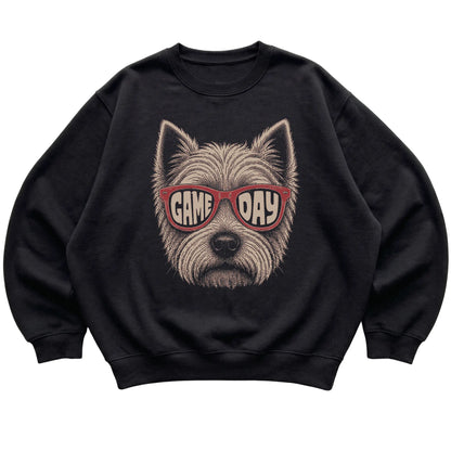 Westie Game Day design on a Black sweatshirt, flat lay