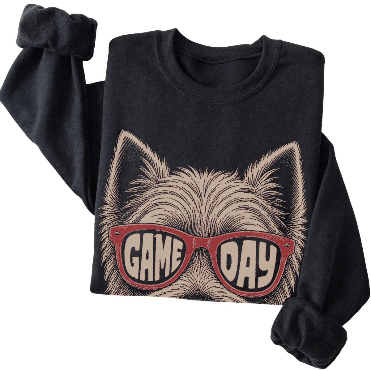 Westie Game Day design on a Black sweatshirt, folded view