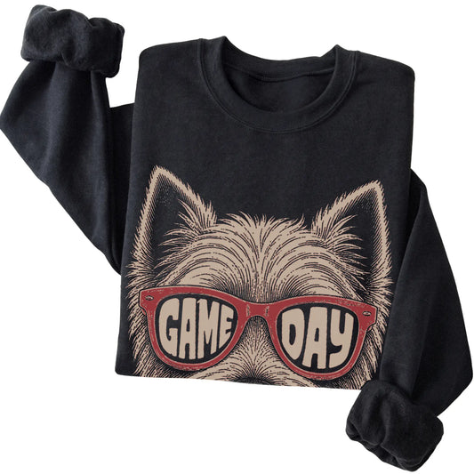 Westie Game Day design on a Black sweatshirt, folded view