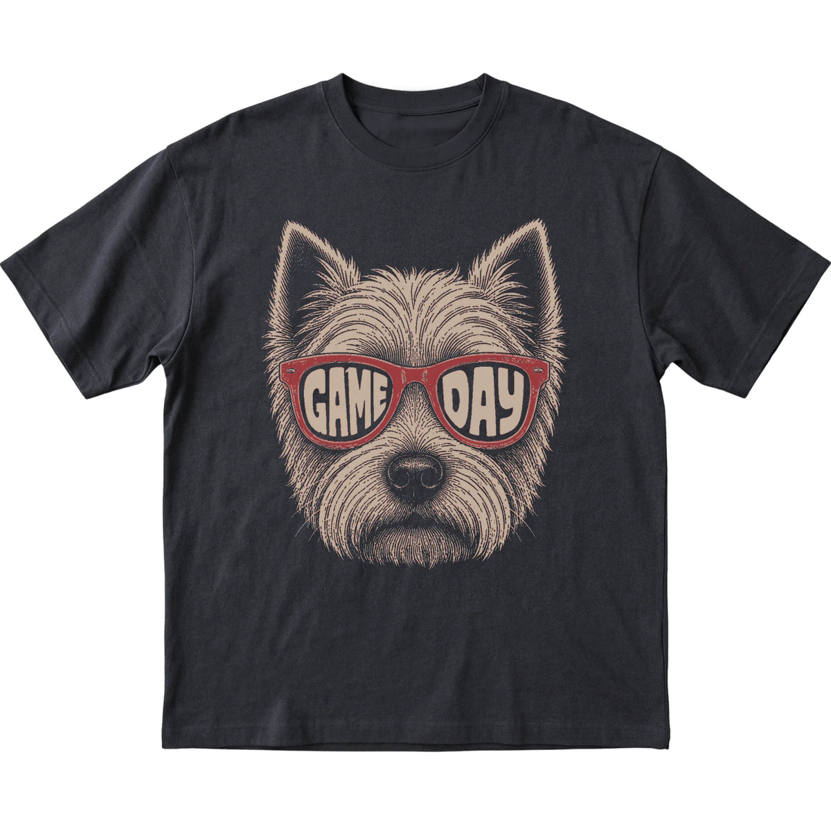 Westie Game Day design on a Black t-shirt, flat lay