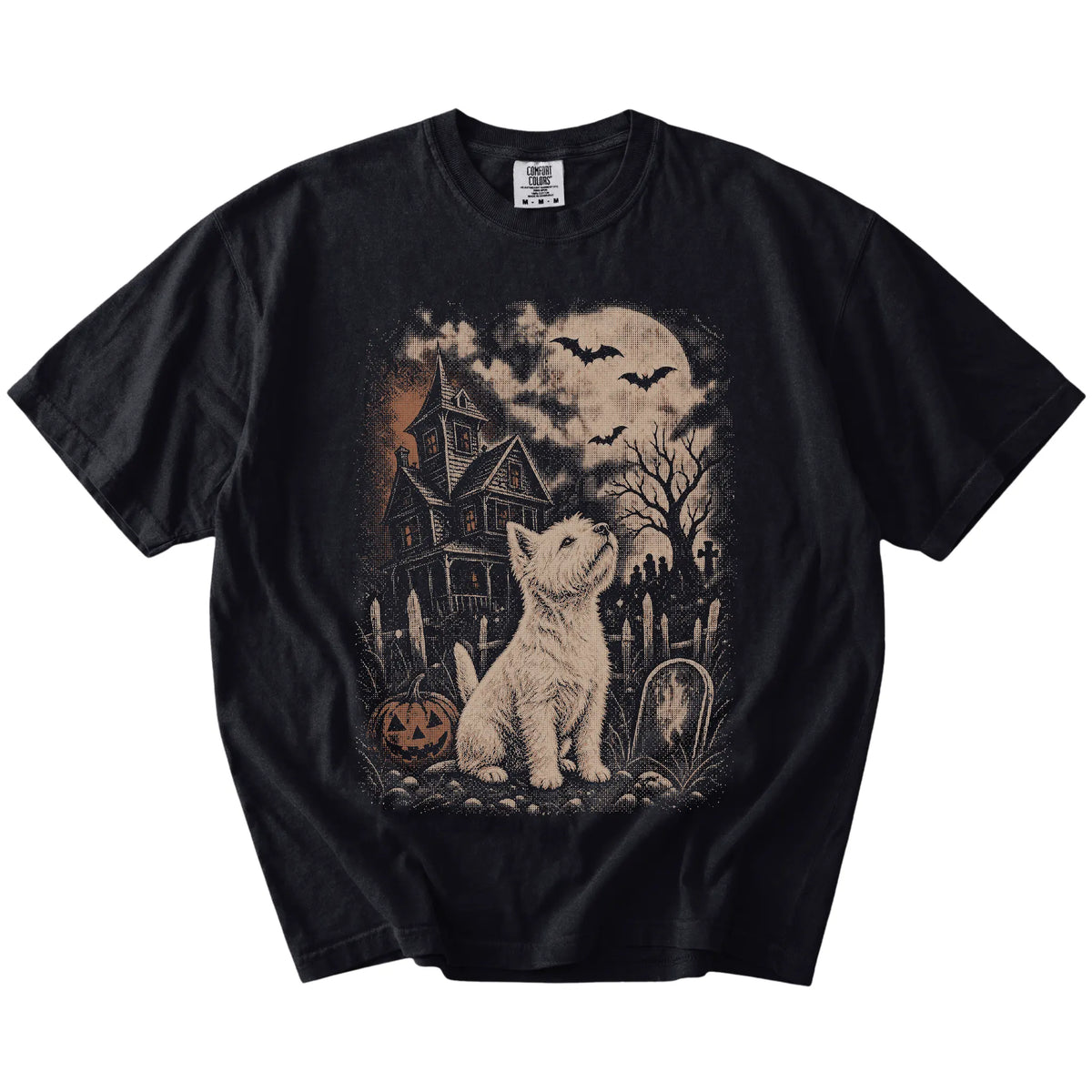 Westie in a vintage haunted-house scene on a Black Comfort Colors® T-shirt