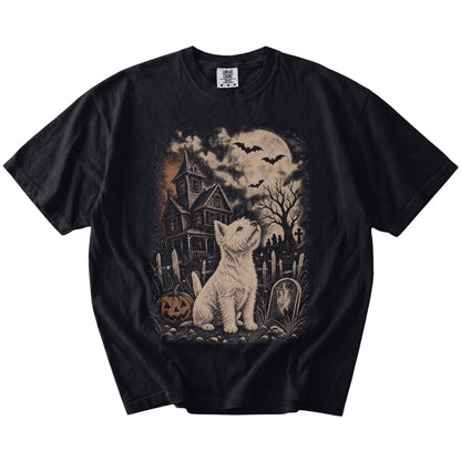 Westie in a vintage haunted-house scene on a Black Comfort Colors® T-shirt